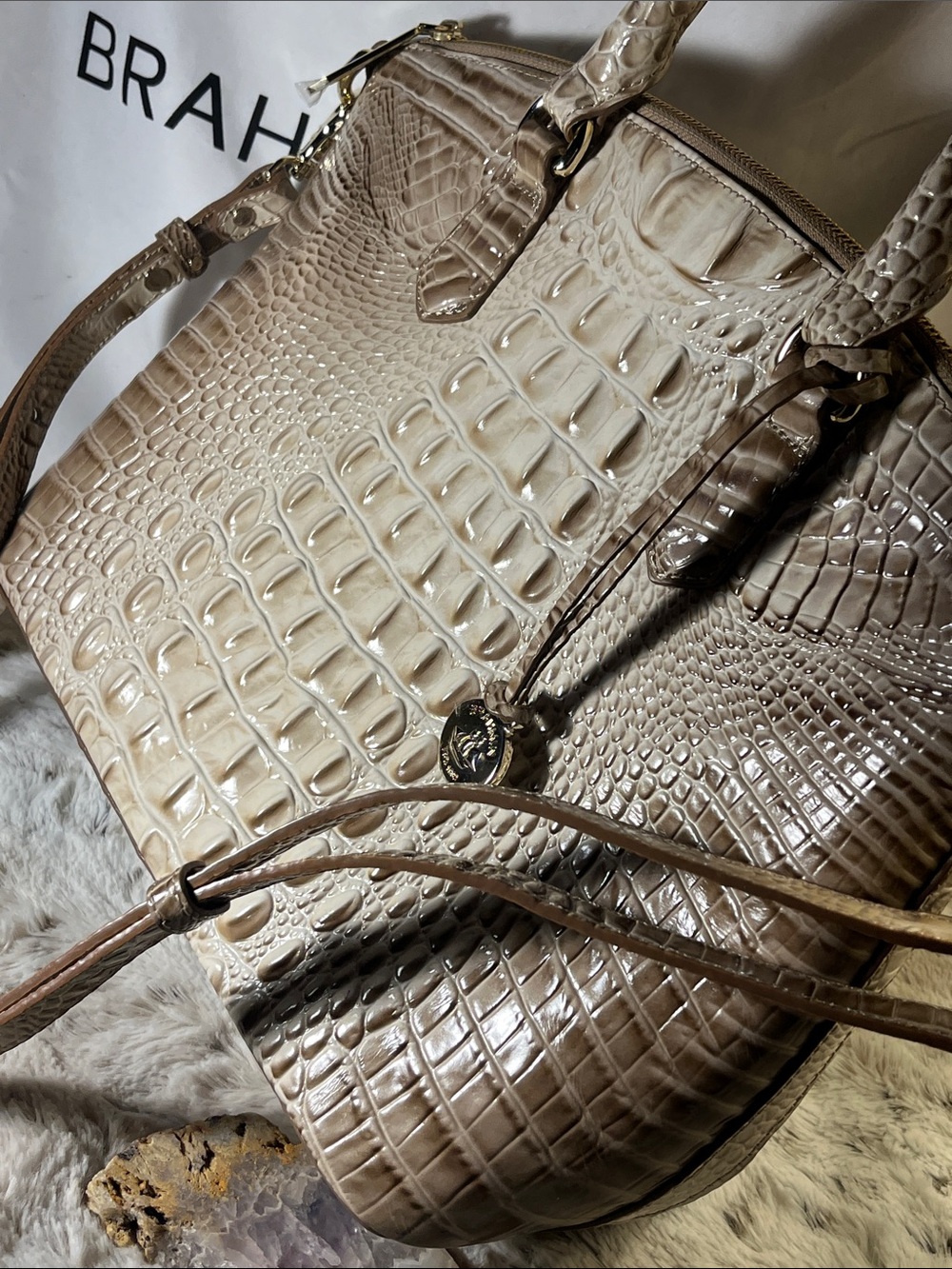 Brahmin Taupe Croc-Embossed Leather Satchel with Gold Hardware and Dustbag. - Picture 3 of 6